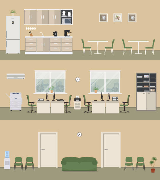 офисные помещения в бежевом цвете: офисный зал, коридор, офисная кухня - office background stock illustrations
