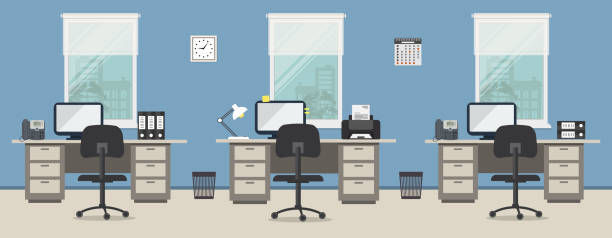 Office room in a blue color. Workplace of office workers with gray furniture on a windows background vector art illustration