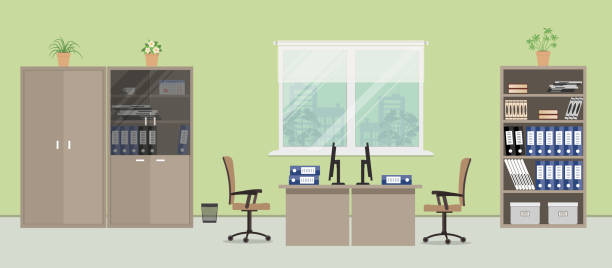 Office room in a green color Office room in a green color. There are desks, beige chairs, cabinets for documents and other objects on a window background in the picture. Vector flat illustration office backgrounds stock illustrations