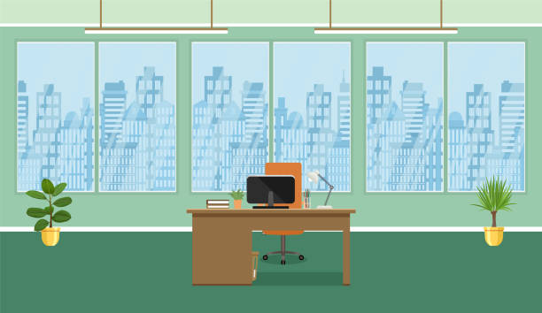 дизайн интерьера офисного помещения с рабочим местом, растениями и окнами без людей. рабочее пространство в помещении. - office background stock illustrations