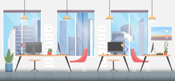 Office room interior flat vector illustration, cartoon empty creative office workplace environment with modern furniture, table, computer and panoramic window Office room interior flat vector illustration. Cartoon empty creative office workplace environment with modern furniture, table, computer, panoramic window. Inside decor design, workspace background modern office stock illustrations