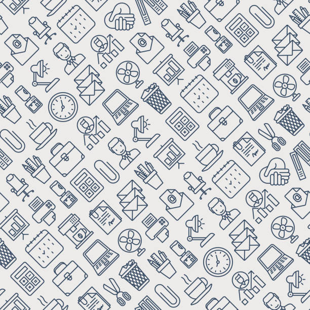 Office seamless pattern with thin line icons of manager, coffee machine, chair, career growth, e-mail, folders, water cooler, lamp. Vector illustration for background. Office seamless pattern with thin line icons of manager, coffee machine, chair, career growth, e-mail, folders, water cooler, lamp. Vector illustration for background. office patterns stock illustrations