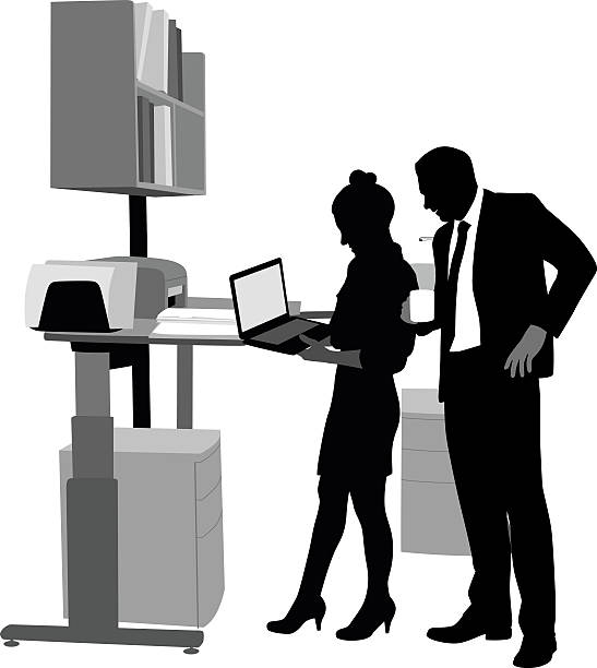 Office Second Opinion A vector silhouette illustration of people working at a stand-up desk looking over documents. A business man looks over the shoulder of a young woman who's at a desk where there is a printer, computer, monitor, and bookshelf. laptop silhouettes stock illustrations