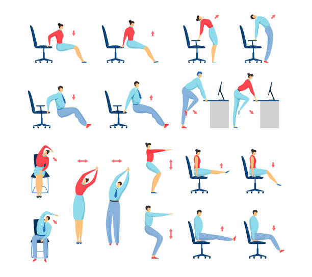 büro-stretching-übungen menschen satz von isolierten vektor-illustration, geschäftsmann und frau auf stuhl training und fitness. - dehnen stock-grafiken, -clipart, -cartoons und -symbole