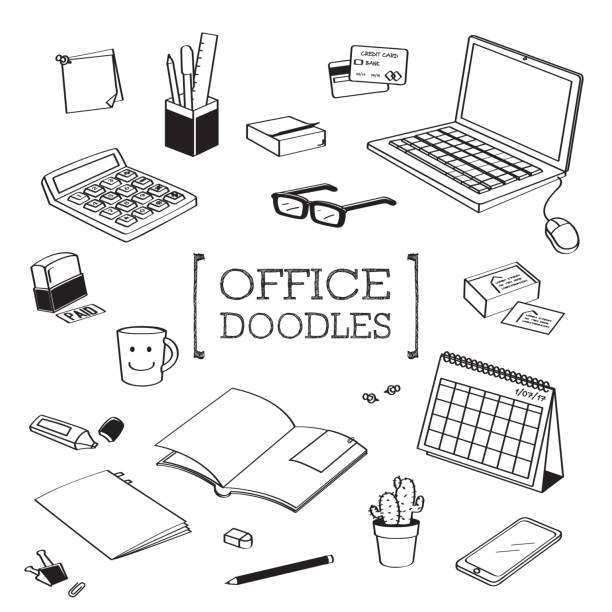 Office stuff Doodles.Hand drawing styles with Office stuff. Hand drawing styles with Office stuff. laptop drawings stock illustrations