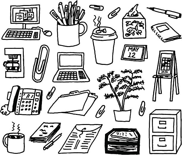 Office Supply Doodles A doodle page of office supplies. office drawings stock illustrations