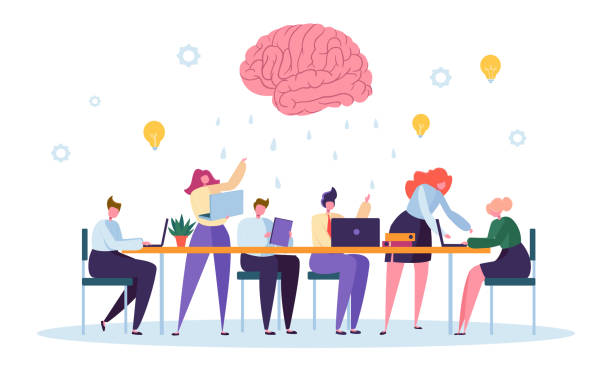 Office Team Character Brainstorm Work Conference. Business People Group Meeting at Desk Laptop with Brain Symbol above. Corporate Project Creative Teamwork Flat Cartoon Vector Illustration  brainstorming stock illustrations