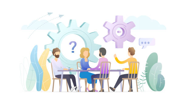 Office work flat vector illustration. Office work flat vector illustration. Coworking, business meeting, conference concept. Workers, managers discussing project cartoon characters. Workforce, staff, personnel brainstorming, teamwork. agency workflow stock illustrations