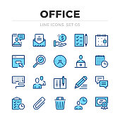Office work vector line icons set. Thin line design. Outline graphic elements, simple stroke symbols. Office work icons