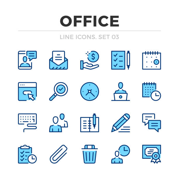 Office work vector line icons set. Thin line design. Outline graphic elements, simple stroke symbols. Office work icons Office work vector line icons set. Thin line design. Outline graphic elements, simple stroke symbols. Office work icons blue icons stock illustrations