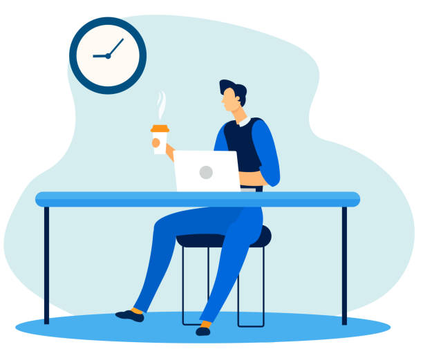 Office Worker Having Coffee Break at Workplace Cartoon Office Worker Character Having Coffee Break at Workplace. Executive Manager Sitting at Desk with Laptop. Time Management. Hassle Free Business. Corporative Culture. Vector Flat Illustration small business saturday stock illustrations