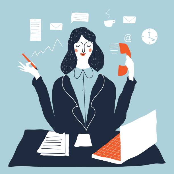 office worker Woman financial accountant. Secretary vector illustration. Young businesswoman multi-tasking. Creative modern vector illustration. secretary stock illustrations
