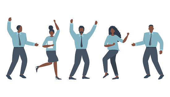 Office workers are celebrating the victory. Happy employees are dancing