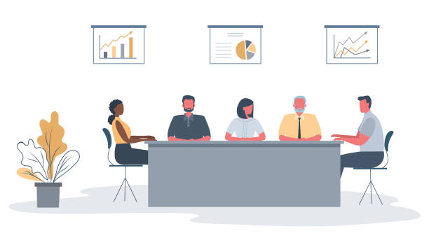 Office workers during the meeting. Employees are sitting at the table in the office vector art illustration