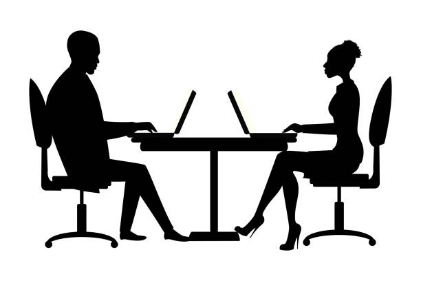 Office workers or business people silhouette sitting at the tabl Office workers or business people silhouette sitting at the table. Working On laptop , teamwork . Vector illustration laptop silhouettes stock illustrations