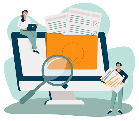 Office workers organizing data storage and file archive on server or computer. PC users searching documents on database. Vector illustration for information technology, source concept
