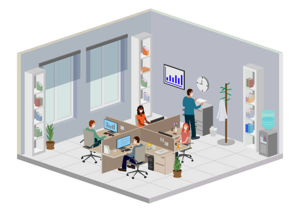 Office workers with facemask Isometric Perspective Office Interior Isometric Perspective Vector Illustration. Office workers with facemask sitting in cubicle working with computer. drawing of a bookshelf stock illustrations