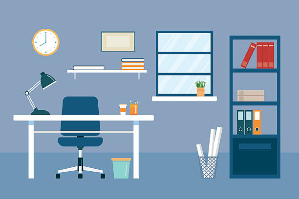 bildbanksillustrationer, clip art samt tecknat material och ikoner med office workplace and equipment flat design - office chair