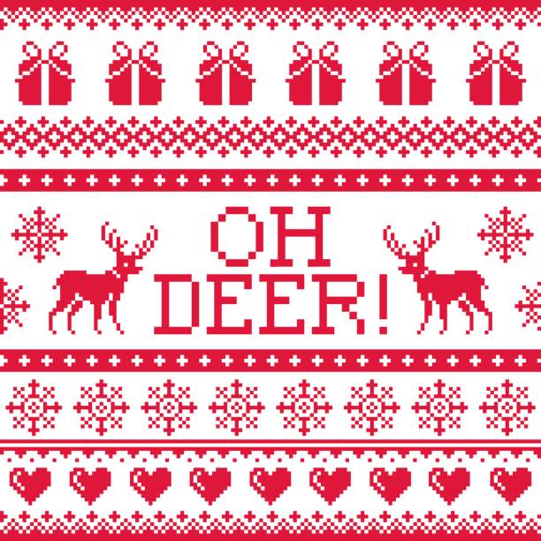 Oh deer red pattern, Christmas seamless design, winter background Xmas repetitive decoration with deer, snowflakes and hearts and presents rudolph the red nosed reindeer stock illustrations