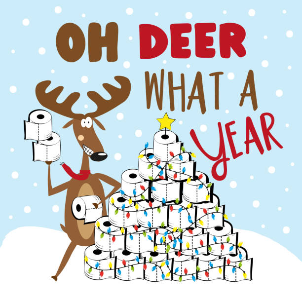 Oh Deer What A Year- funny greeting with reindeer and toilet paper christmas tree Oh Deer What A Year- funny greeting with reindeer and toilet paper christmas tree, for Christmas and New Year in covid-19 pandemic self isolated period 2020 stock illustrations