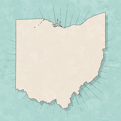 Map of Ohio in a trendy vintage style. Beautiful retro illustration with old textured paper and light rays in the background (colors used: blue, green, beige and black for the outline). Vector Illustration (EPS10, well layered and grouped). Easy to edit, manipulate, resize or colorize.