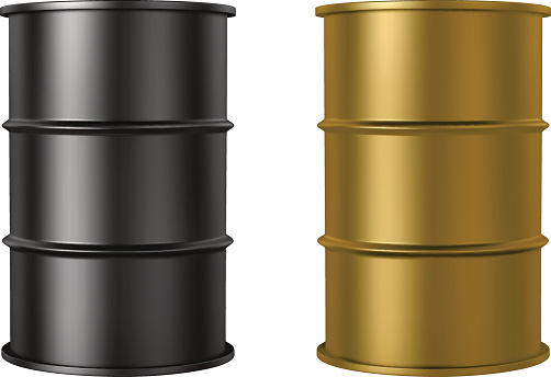 Oil barrels isolated on white background, black and gold color