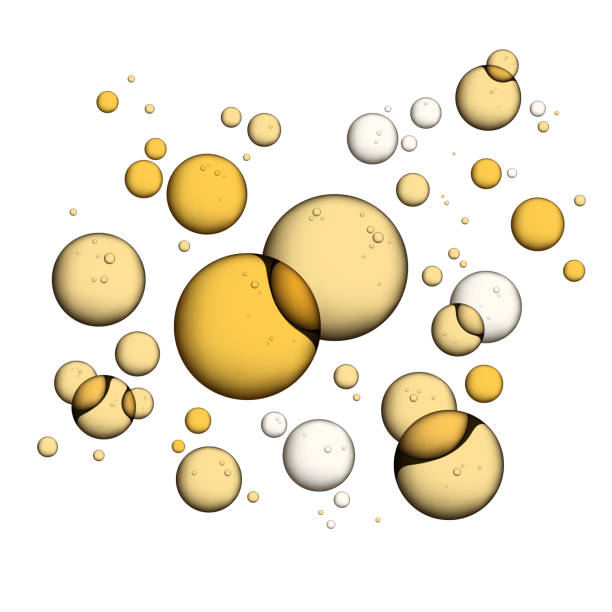 Oil Bubbles Isolated on White Oil Bubbles Isolated on White Background, Closeup Collagen Emulsion in Water. Vector Illustration. Gold Serum Droplets. tempera painting stock illustrations