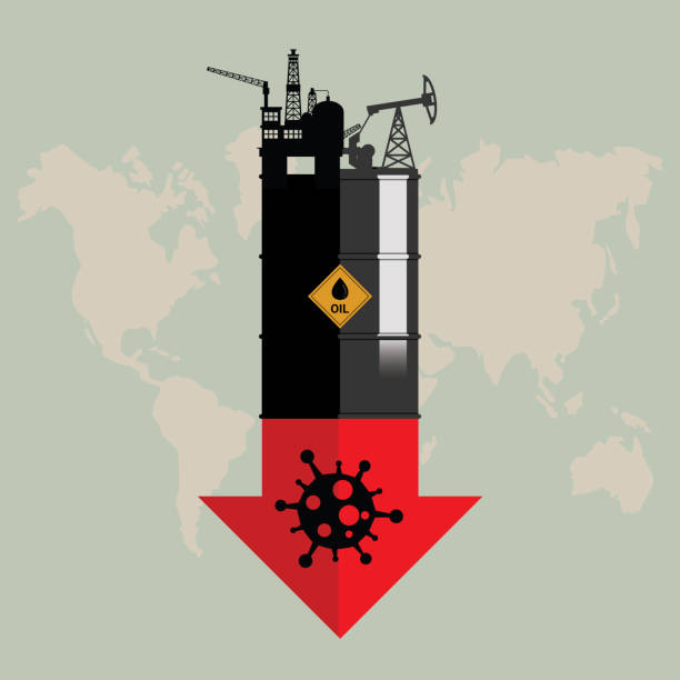 Oil crisis because outbreak of (pandemic) coronavirus concept. Design with Rig, Winch, Oil Tank and red down arrow with COVID-19 showing a decline in oil prices. World economic recession. Flat vector illustration Oil crisis because outbreak of (pandemic) coronavirus concept. Design with Rig, Winch, Oil Tank and red down arrow with COVID-19 showing a decline in oil prices. World economic recession. Flat vector illustration. oil  stock illustrations