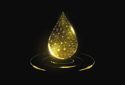 Oil droplet. Low poly style design. Futuristic modern abstract background. Isolated on dark background.  Wireframe drop light connection structure, 3d polygonal graphic concept. Vector illustration.