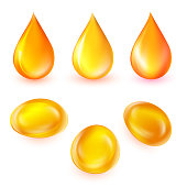 Oil drops vector set. Realistic 3d liquid droplets and bubbles isolated on white background. Golden collagen essence. Industrial and petroleum concept. Omega 3 icon or medical pills. Vector EPS10