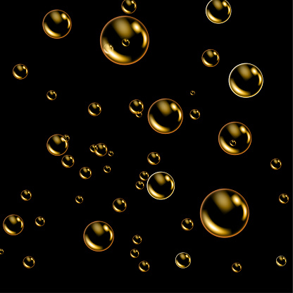 Oil gold bubbles isolated on black background. Realistic cosmetic golden glass pill capsules collagen serum template.