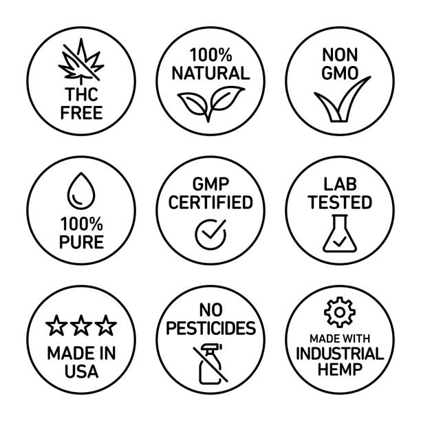 CBD oil icons set THC free, 100% natural, non GMO, 100% pure, fluid, GMP certified, lab tested,  made in USA, no pesticides, made with industrial hemp genetic modification stock illustrations