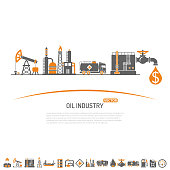 Oil industry Concept with Two Color Flat Icons extraction production and transportation oil and petrol. isolated vector illustration.