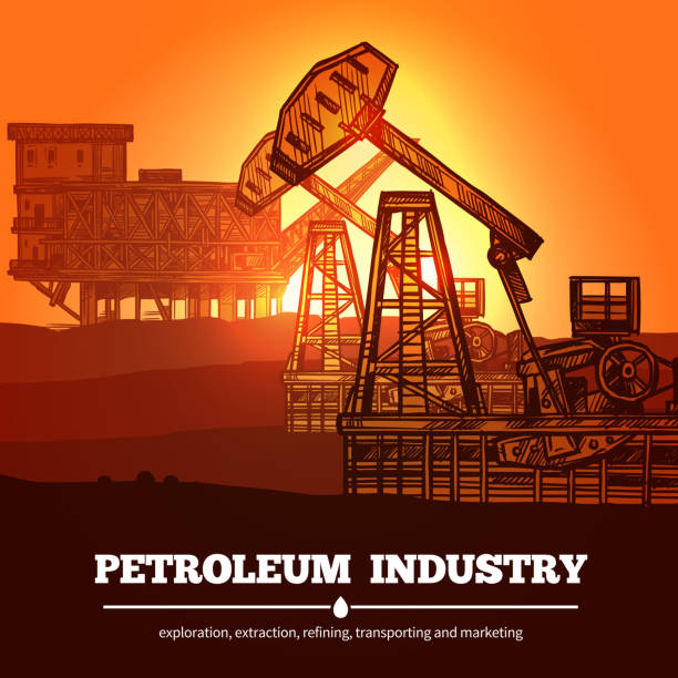 Petroleum industry design concept with hand drawn oil rigs and...
