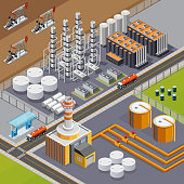 Oil industry and transportation composition with big refinery and pumpjacks 3d isometric vector illustration