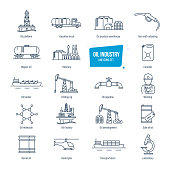 Oil industry thin line icons, pictogram and symbol set. Icons for gas station, oil factory and tanker, transportation, buildings, warehouse, development, modern laboratory. Vector illustration