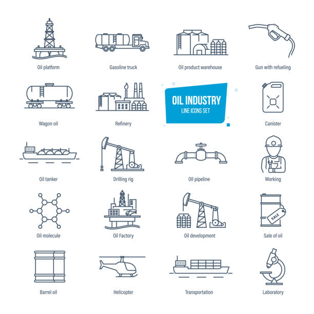 Oil industry line icons set. Gas station, factory, transportation, buildings Oil industry thin line icons, pictogram and symbol set. Icons for gas station, oil factory and tanker, transportation, buildings, warehouse, development, modern laboratory. Vector illustration Refinery stock illustrations