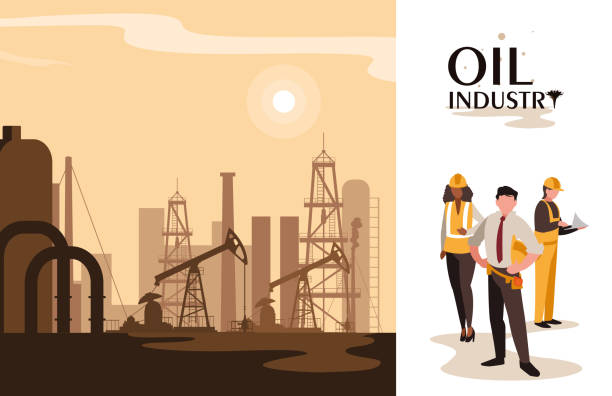 oil industry scene with plant pipeline and workers oil industry scene with plant pipeline and workers vector illustration design manufacturing silhouettes stock illustrations