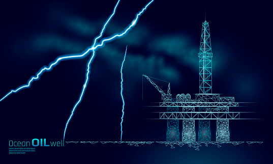 Oil pollution disaster ocean gas drilling rig low poly. Finance economy danger save planet. Petroleum fuel industry offshore extraction derricks line connection dots blue vector illustration