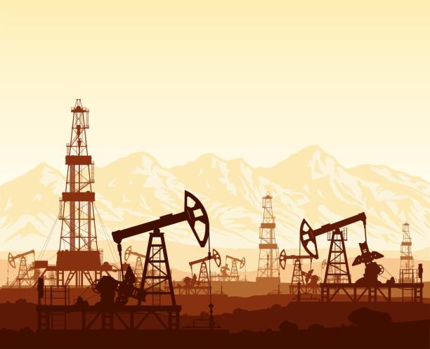 ilustrações de stock, clip art, desenhos animados e ícones de oil pumps and drilling rigs over mountains - gasoline