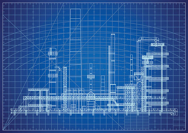 Oil Refinery Blueprint Factory Blueprint. plant drawings stock illustrations