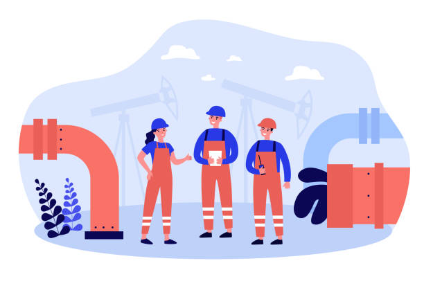 ilustraciones, imágenes clip art, dibujos animados e iconos de stock de ingenieros de refinería de petróleo que trabajan en fábrica - gas pump
