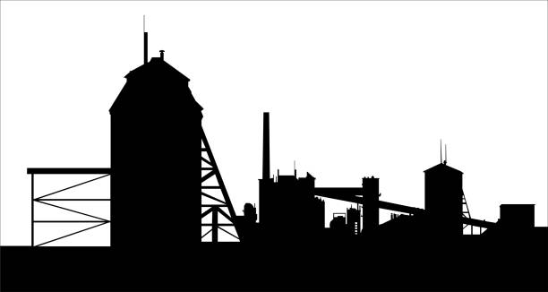 Oil shale processing plant silhouette isolated on white. Technical buildings and conveyor belt. Oil shale processing plant silhouette isolated on white. Technical buildings and conveyor belt. factory silhouettes stock illustrations