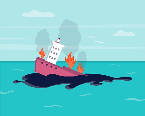 Oil spill on water. Ecological disaster. Environmental pollution. Ecological problem. Burning, sinking tanker. Fire on a tanker. Shipwreck concept. Vector illustration in a flat style.
