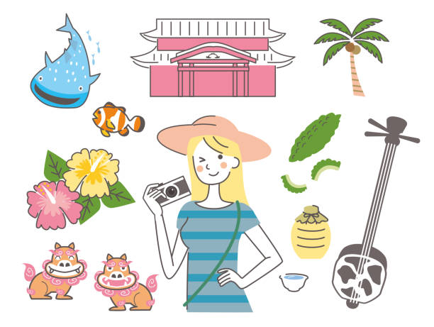 一人旅の沖縄の女性 - シーサー点のイラスト素材／クリップアート素材／マンガ素材／アイコン素材