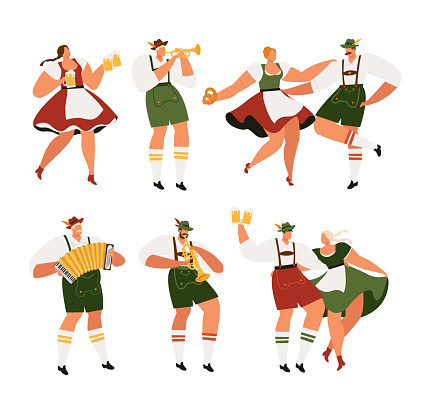 Oktoberfest. Funny cartoon characters in Bavarian folk costumes of Bavaria celebrate and have fun at Oktoberfest beer festival. Party Concept Flat Vector Illustration.