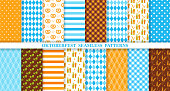 Oktoberfest seamless pattern. Octoberfest background. Vector. Textures with rhombuses, beer, pretzel, hop, stripe and plaid. Bavarian diamond print. Color illustration. Germany traditional wallpaper.