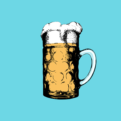 Oktoberfest symbol on turquoise background. Hand drawn illustration of glass mug. Vector beer festival sign.