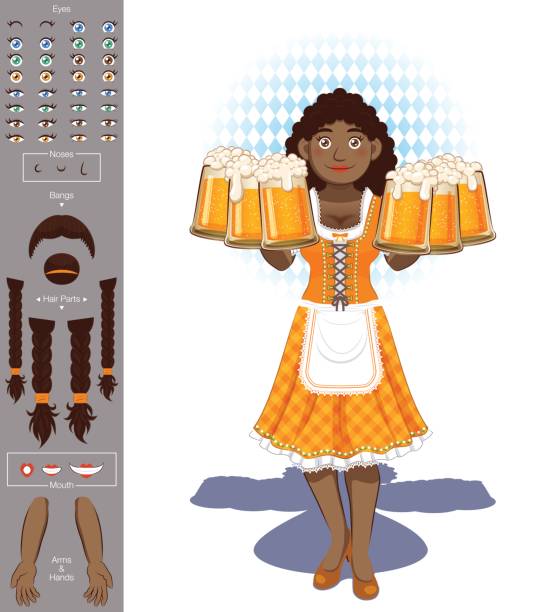 ilustraciones, imágenes clip art, dibujos animados e iconos de stock de oktoberfest [camarera con un montón de vasos de cerveza] - curley cup