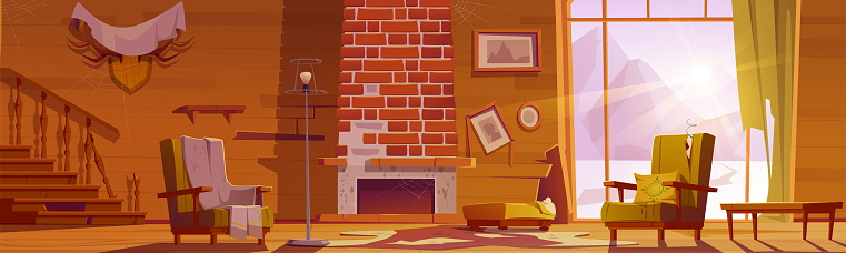 Old abandoned chalet house with broken wooden staircase and fireplace. Vector cartoon messy interior of traditional lodge, mountain cottage living room with torn curtains and chair upholstery